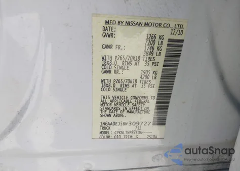 2011 Nissan Titan Sv из США, поврежденный, VIN 1N6AA0EJ5BN309727